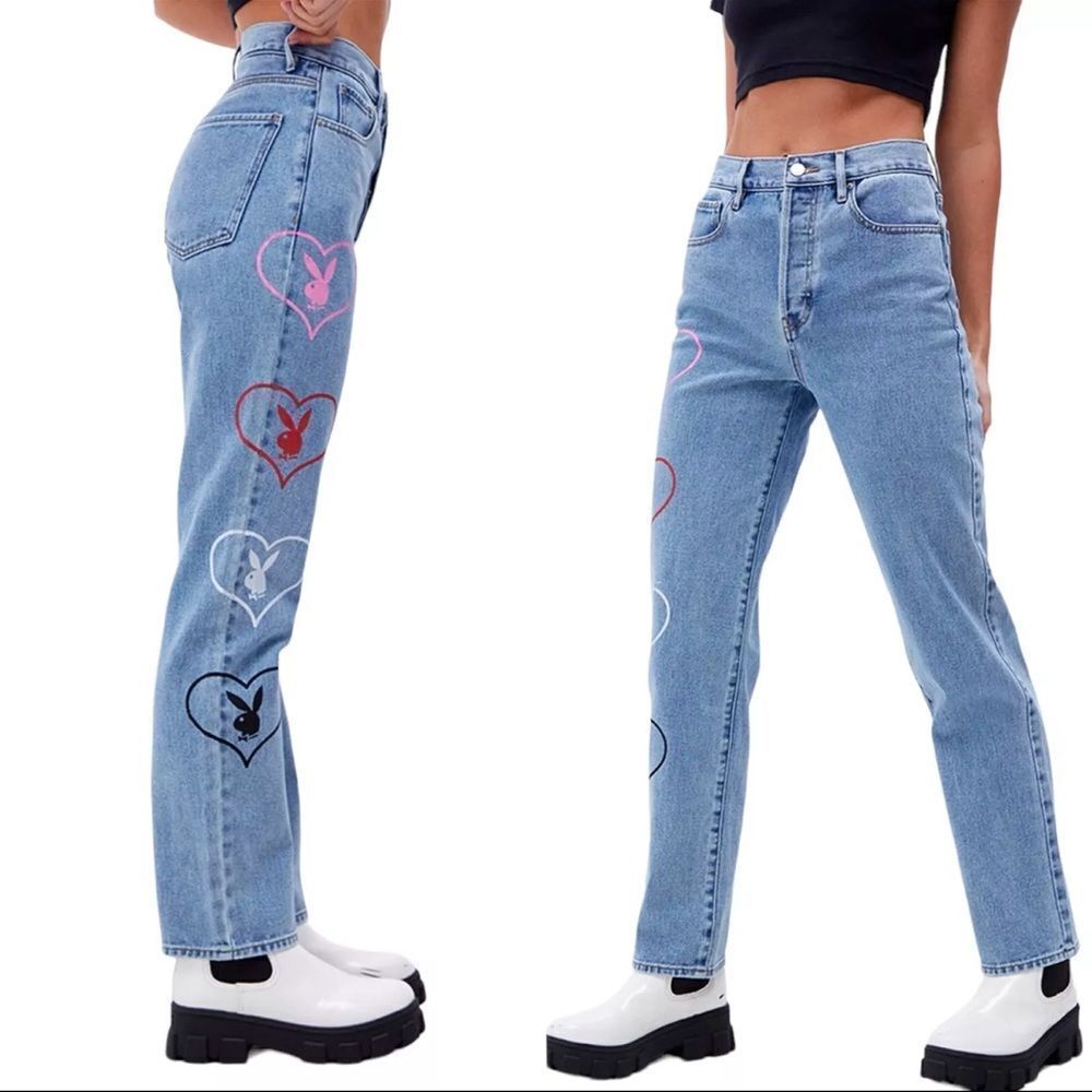 Playboy By PacSun Jeans Medium Blue Graphic Baggy Jeans hearts Size 22